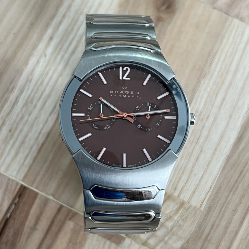 Skagen Mens Watch Titanium Brown Dial Titanium Bracelet Day Date Dials